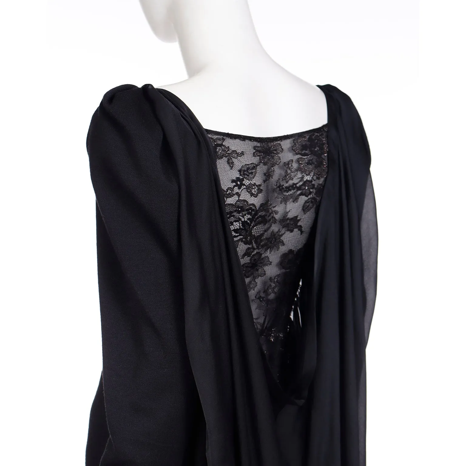 1990 Deadstock Yves Saint Laurent Long Black Evening Dress Gown W Lace & Hood