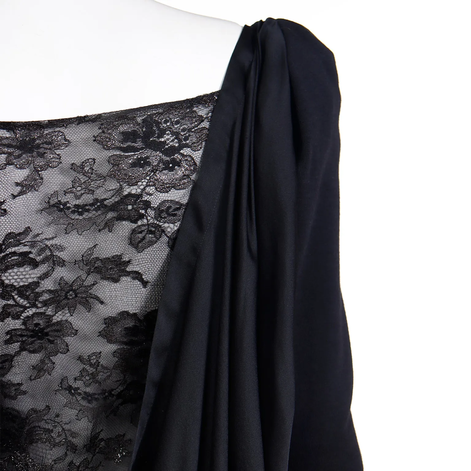 1990 Deadstock Yves Saint Laurent Long Black Evening Dress Gown W Lace & Hood