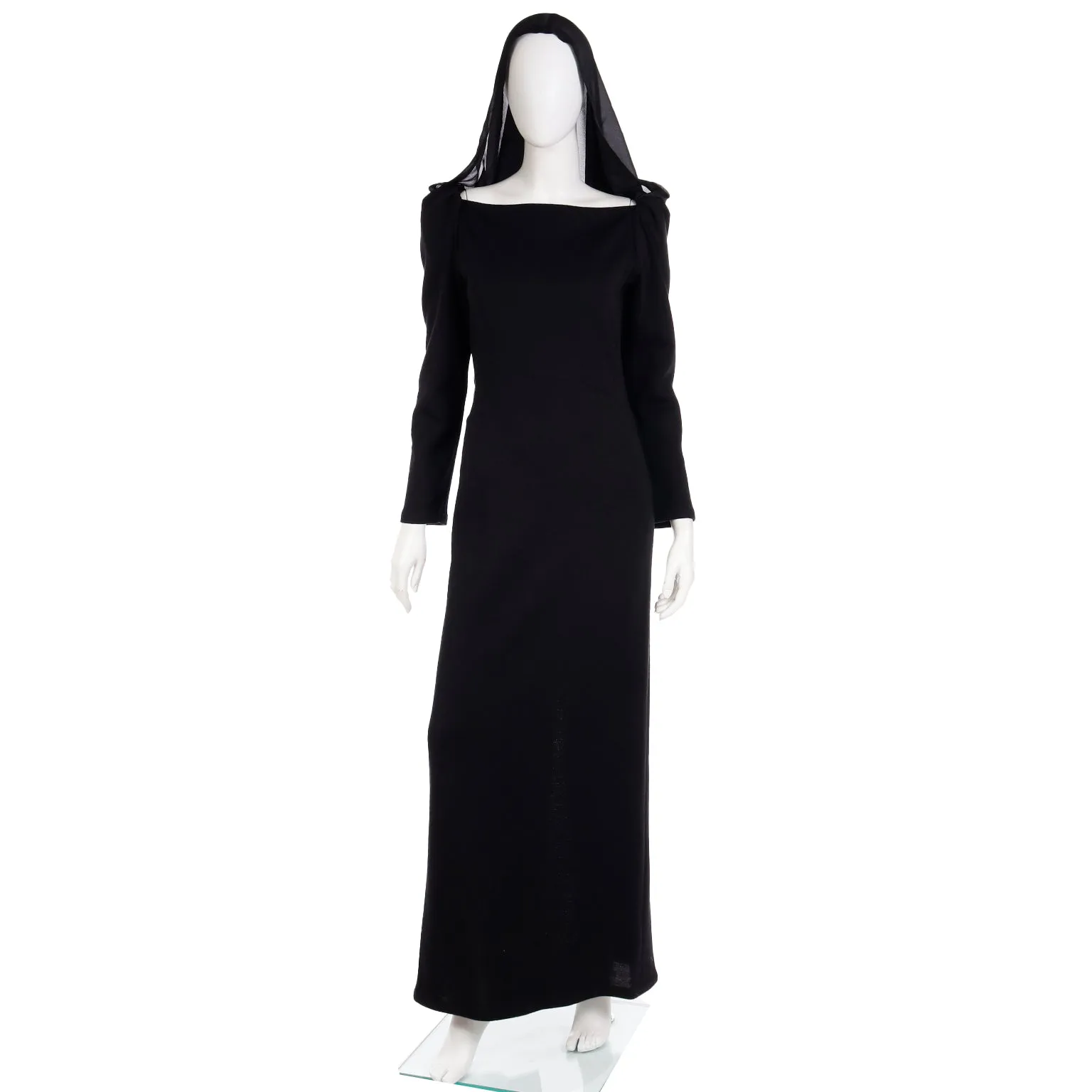 1990 Deadstock Yves Saint Laurent Long Black Evening Dress Gown W Lace & Hood