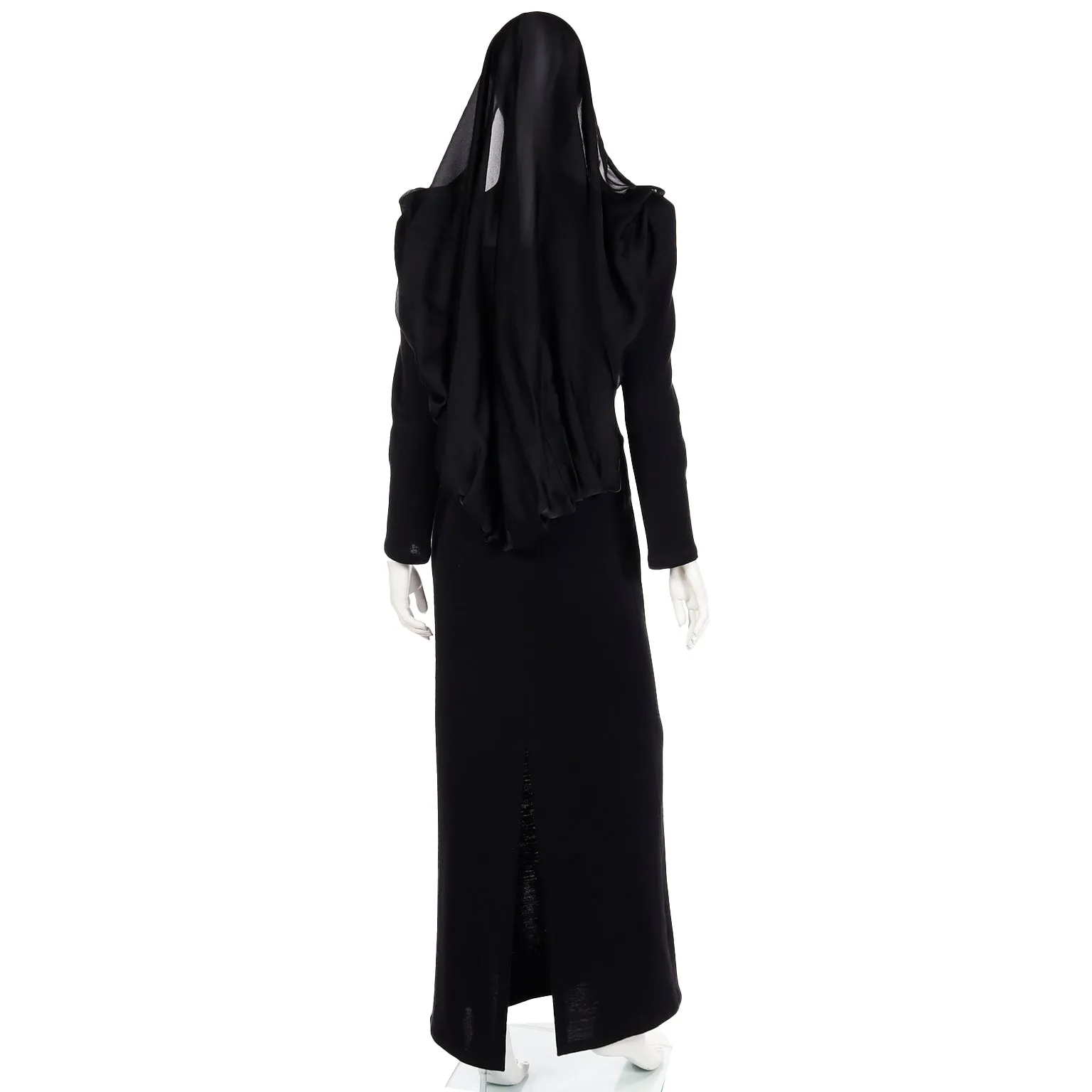 1990 Deadstock Yves Saint Laurent Long Black Evening Dress Gown W Lace & Hood