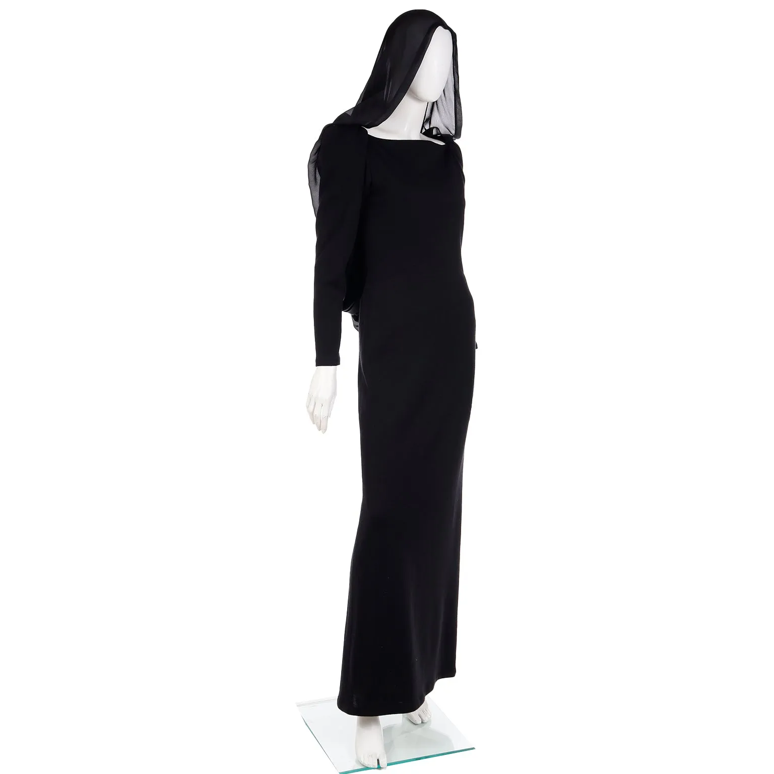 1990 Deadstock Yves Saint Laurent Long Black Evening Dress Gown W Lace & Hood