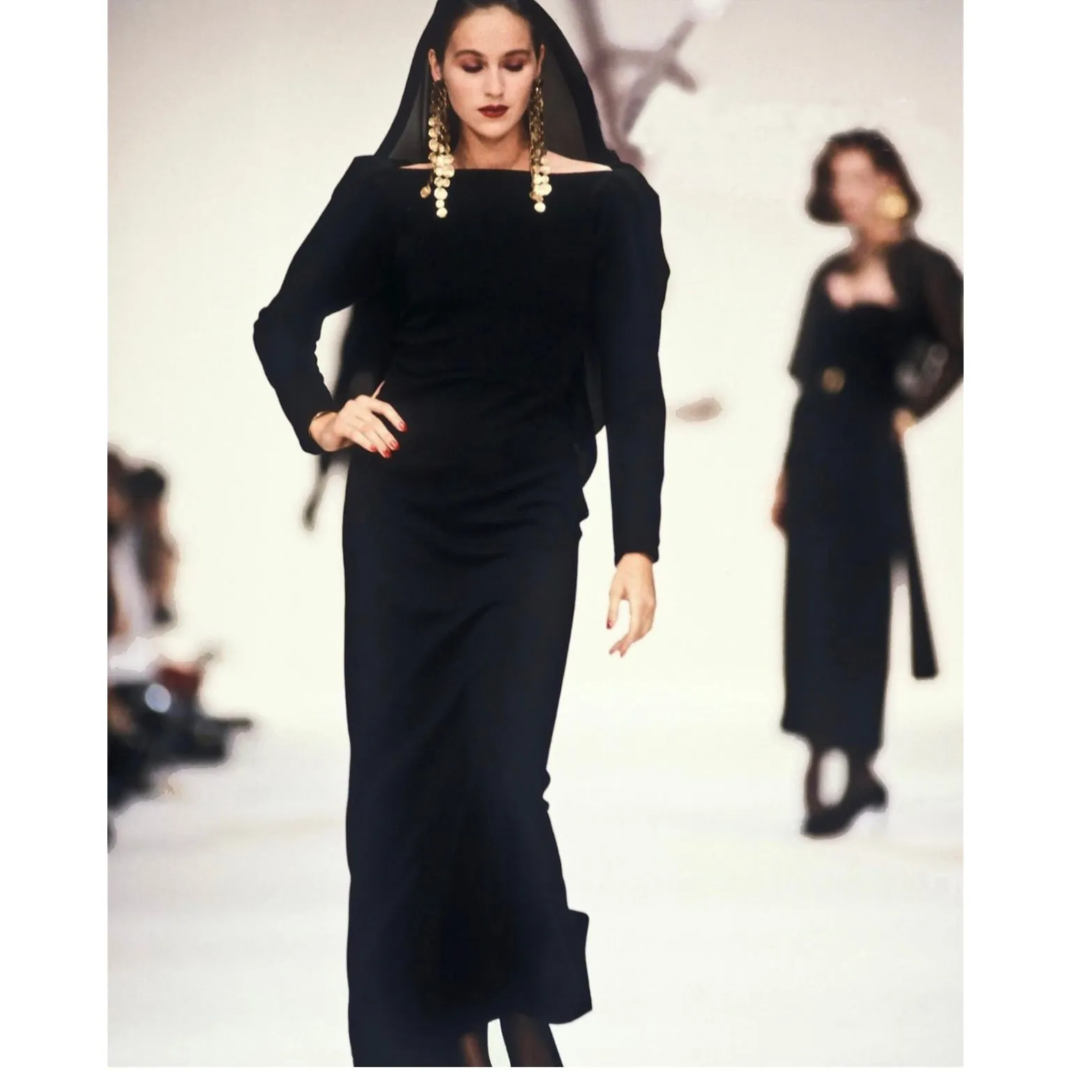 1990 Deadstock Yves Saint Laurent Long Black Evening Dress Gown W Lace & Hood