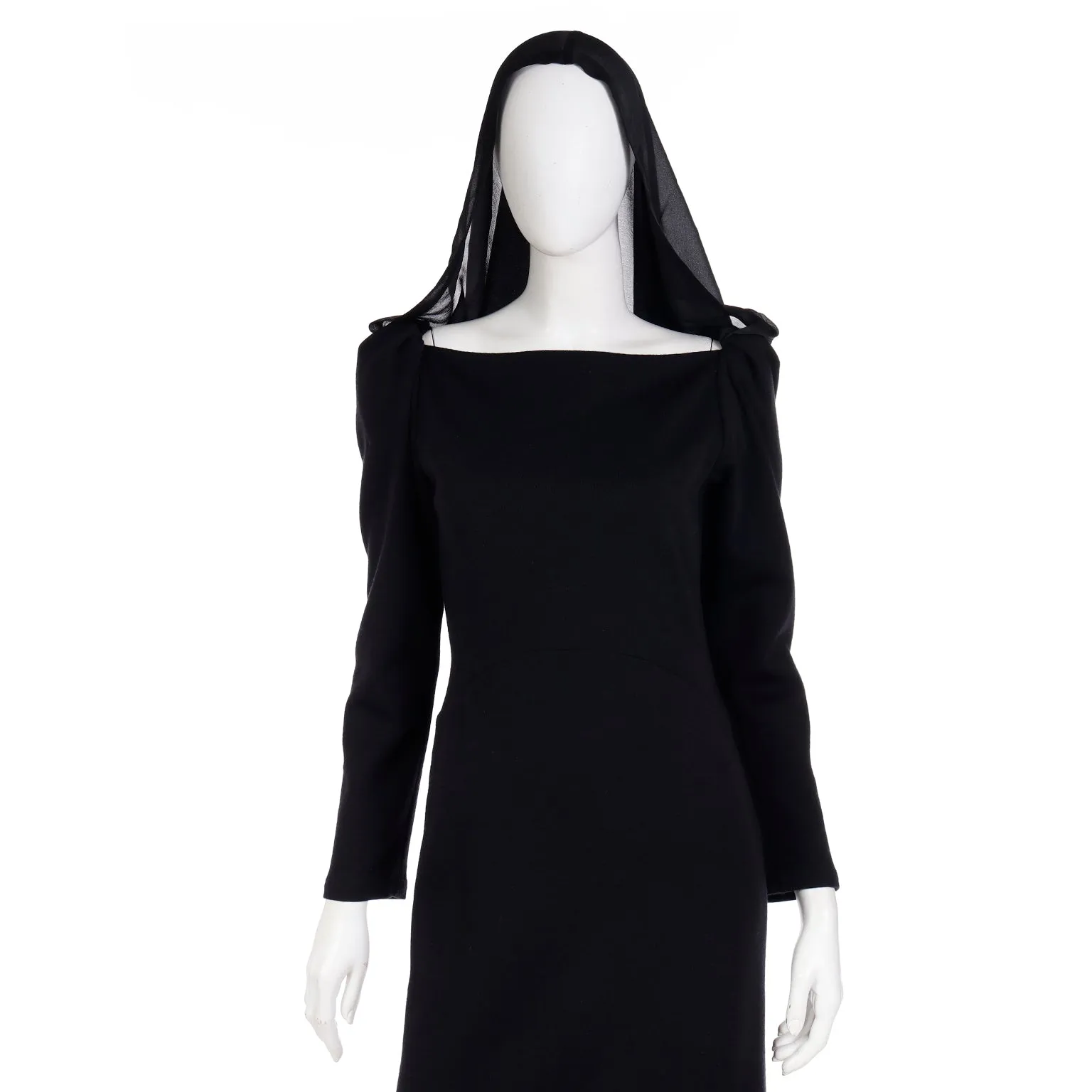 1990 Deadstock Yves Saint Laurent Long Black Evening Dress Gown W Lace & Hood