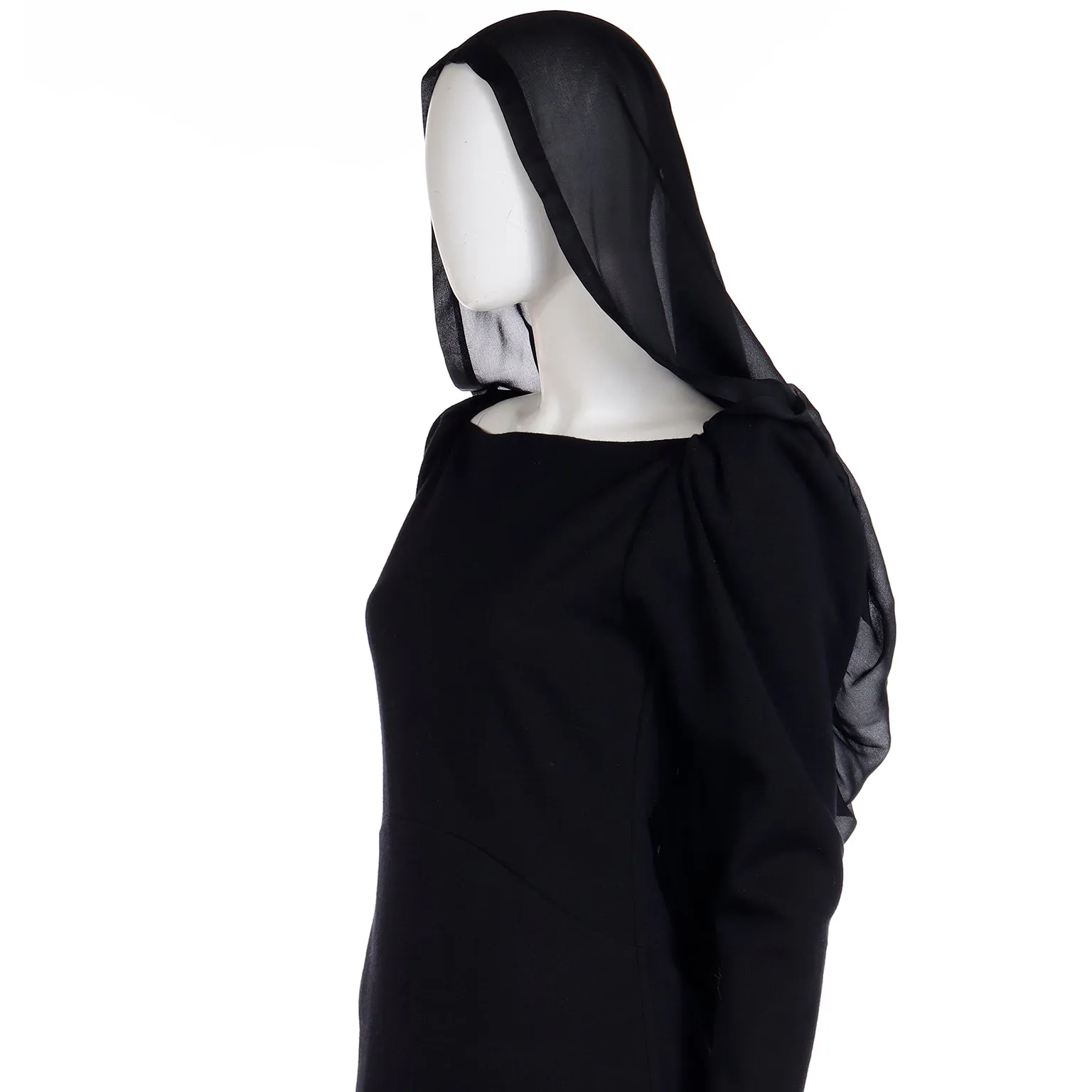 1990 Deadstock Yves Saint Laurent Long Black Evening Dress Gown W Lace & Hood