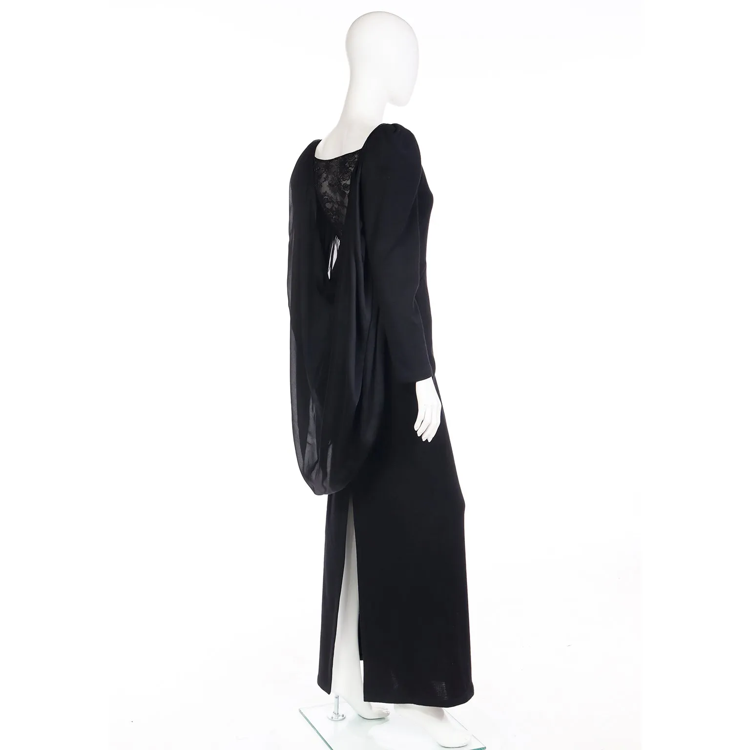 1990 Deadstock Yves Saint Laurent Long Black Evening Dress Gown W Lace & Hood