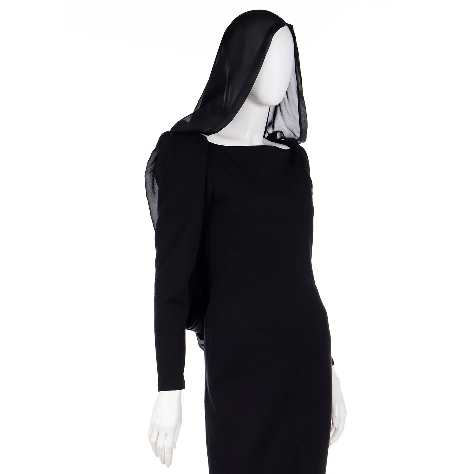 1990 Deadstock Yves Saint Laurent Long Black Evening Dress Gown W Lace & Hood