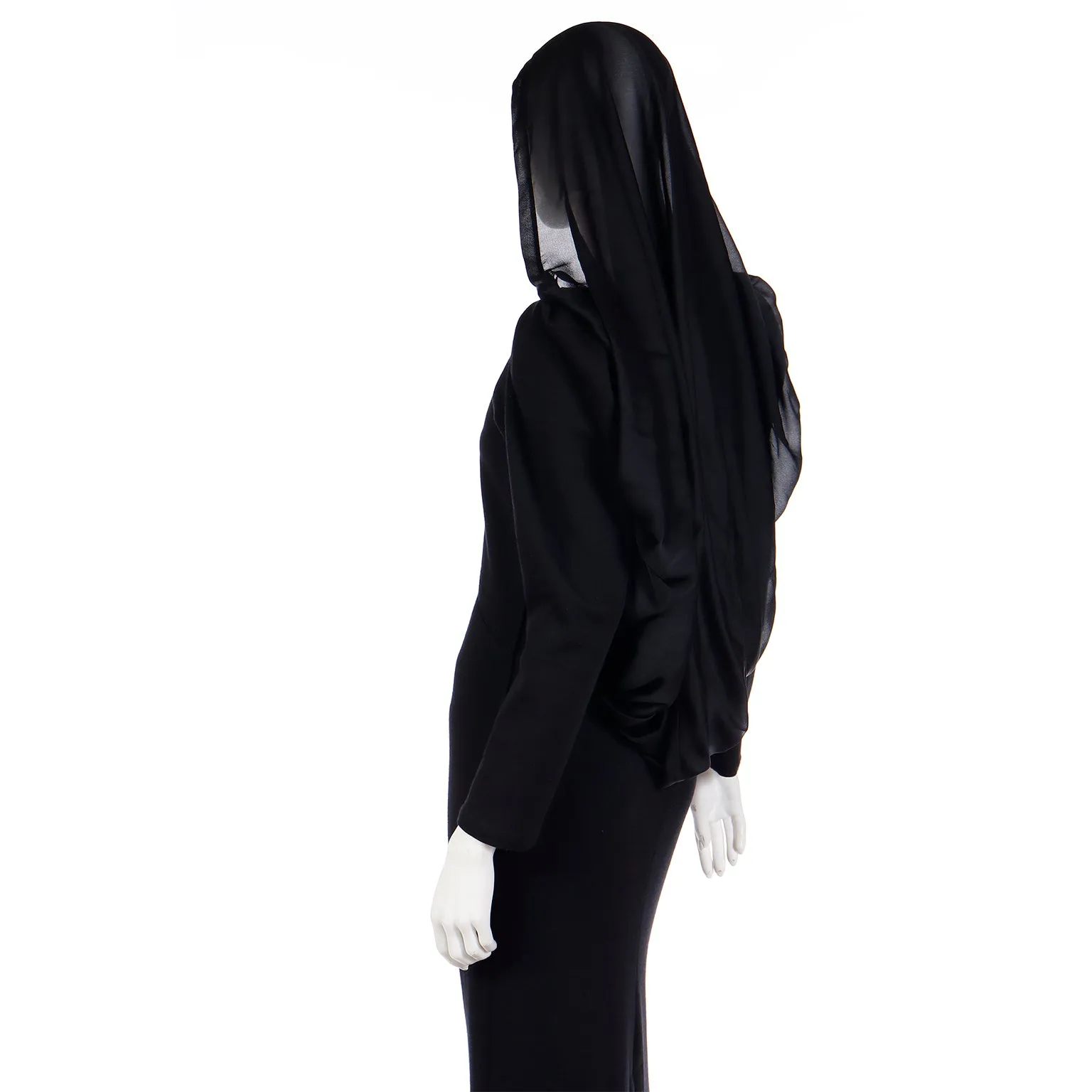 1990 Deadstock Yves Saint Laurent Long Black Evening Dress Gown W Lace & Hood