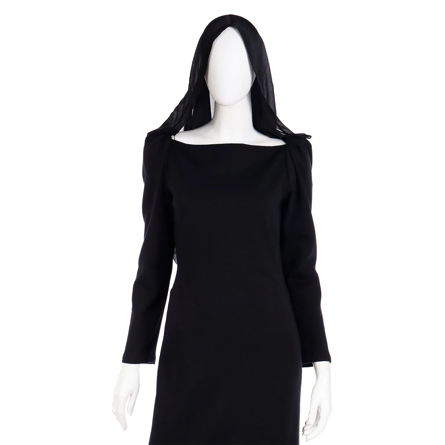1990 Deadstock Yves Saint Laurent Long Black Evening Dress Gown W Lace & Hood