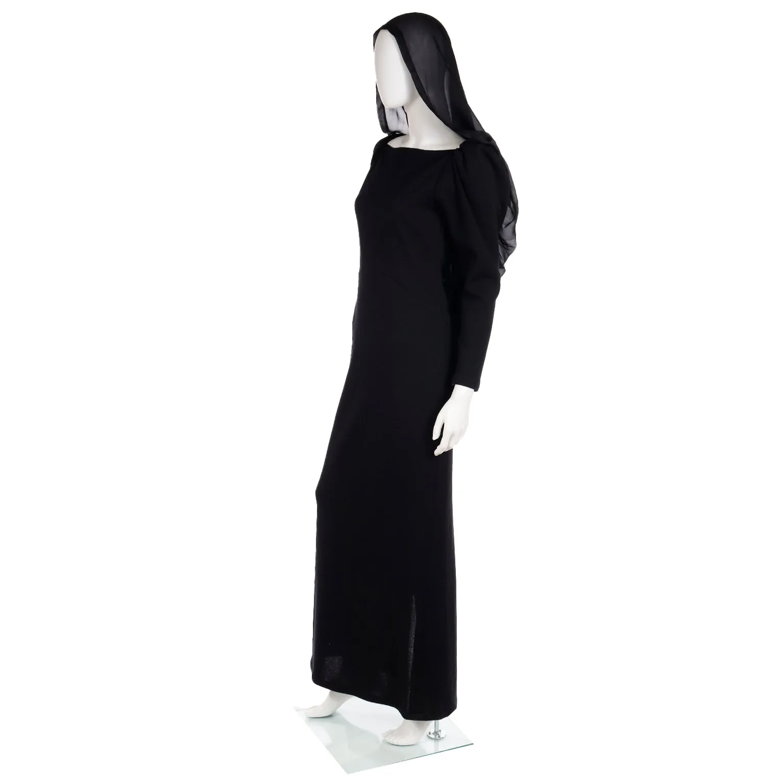 1990 Deadstock Yves Saint Laurent Long Black Evening Dress Gown W Lace & Hood