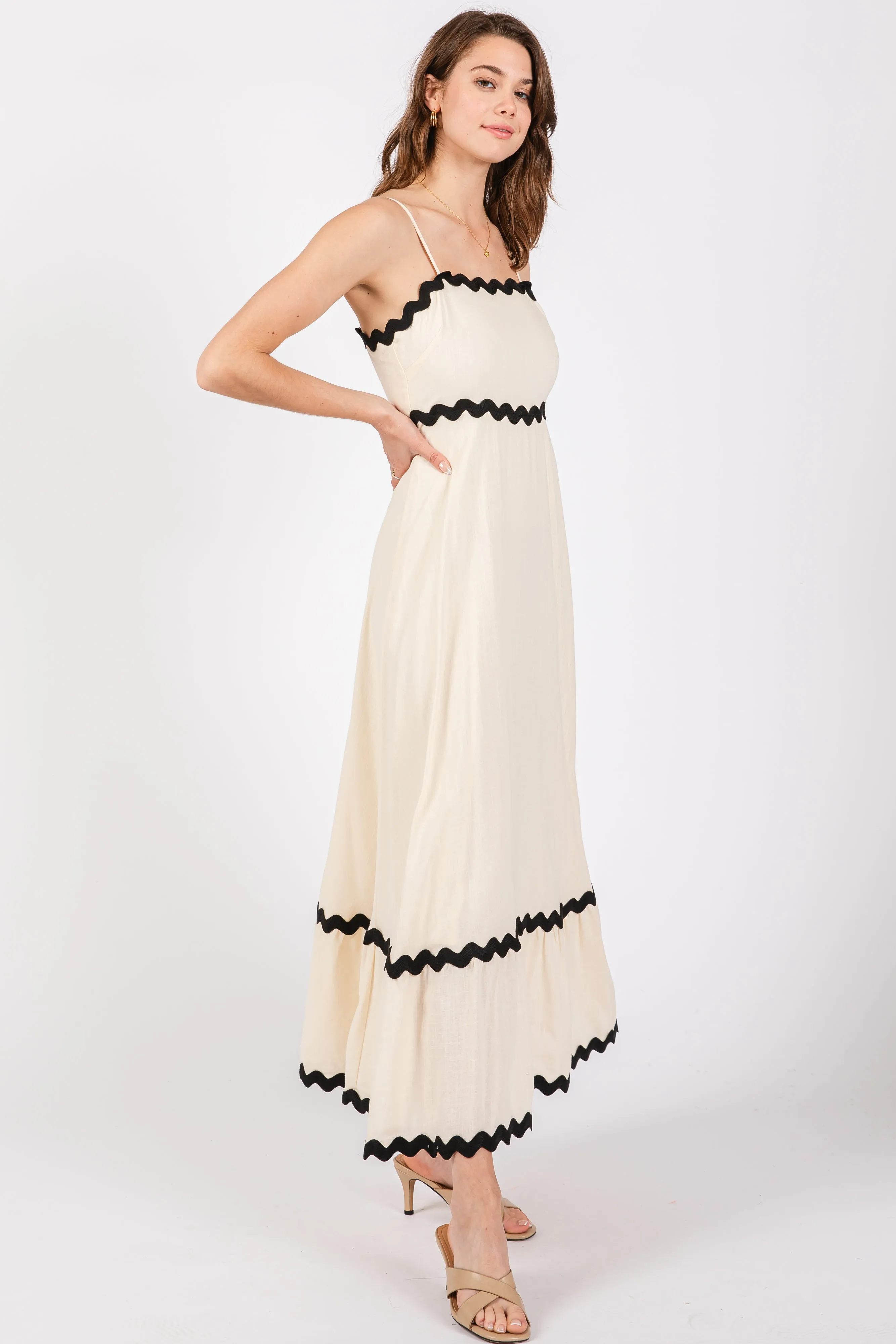 Beige Colorblock Trim Midi Dress