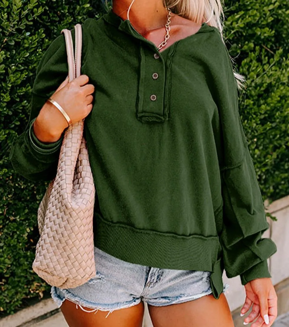 Blackish Green Drop Shoulder Henley Buttons Sweatshirt