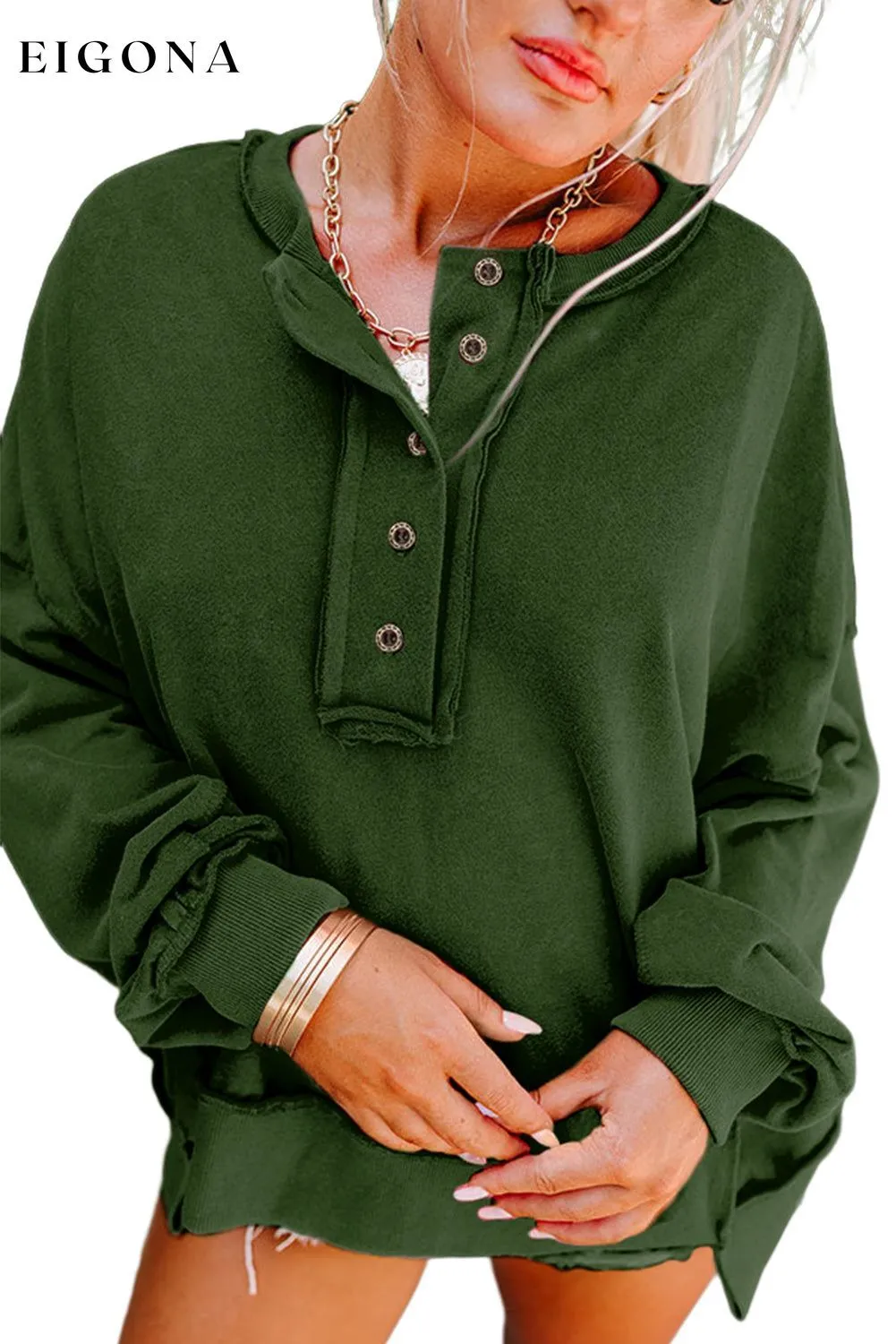 Blackish Green Drop Shoulder Henley Buttons Sweatshirt