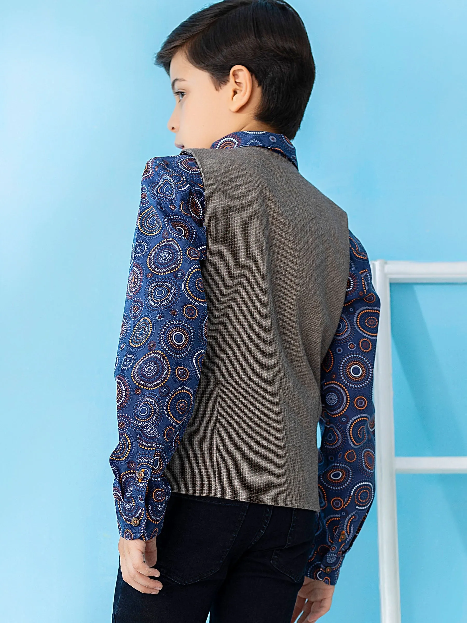 Brown Textured Suit Vest With Bow