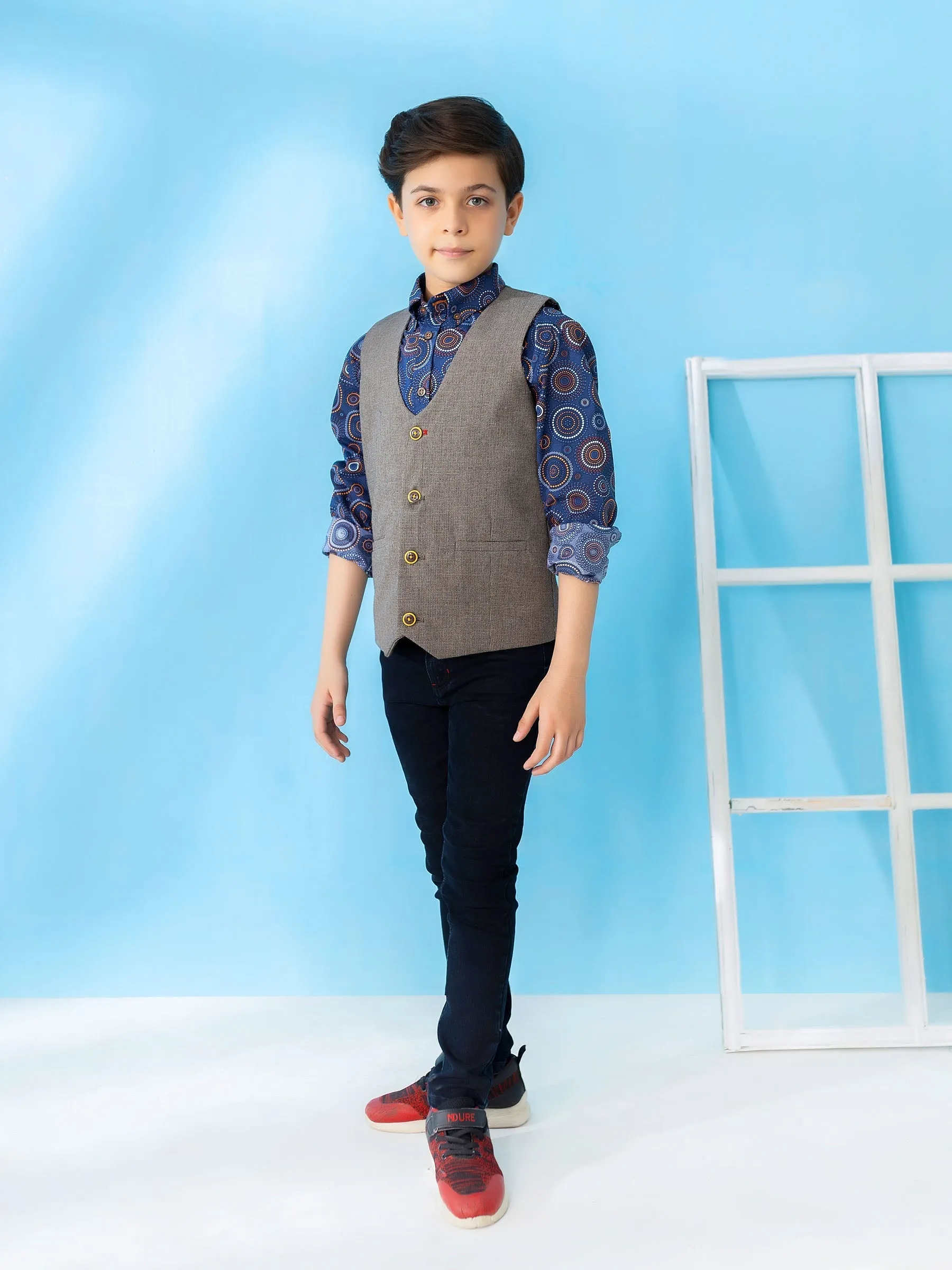 Brown Textured Suit Vest With Bow