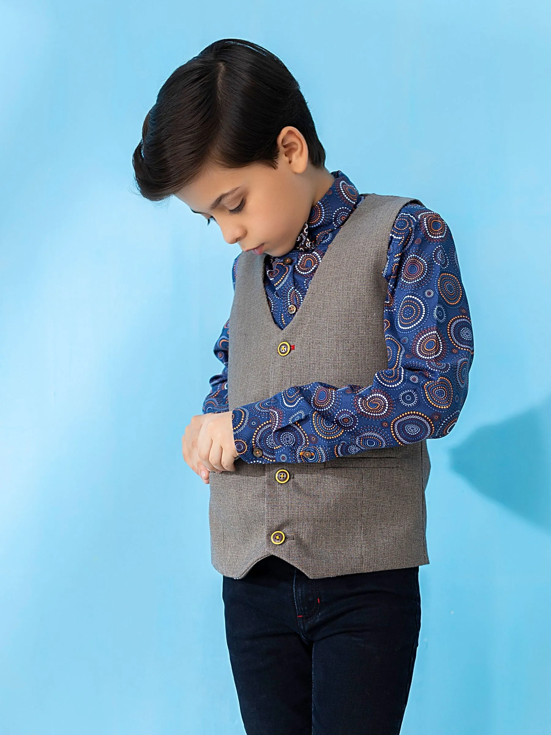Brown Textured Suit Vest With Bow