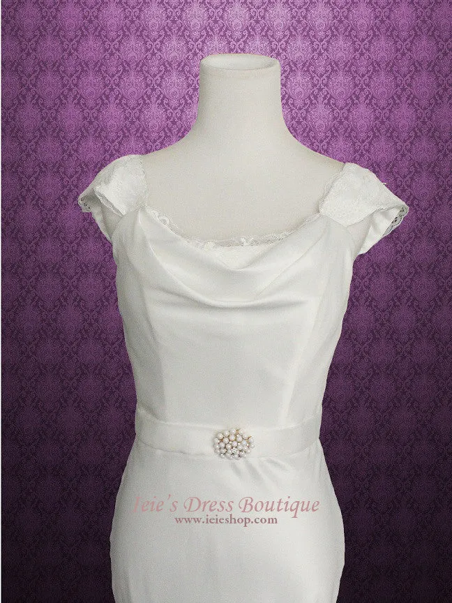 Cowl Neck Modest Transparent Lace Back Slim A-line Wedding Dress Size 4