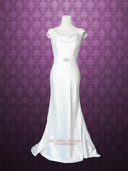 Cowl Neck Modest Transparent Lace Back Slim A-line Wedding Dress Size 4
