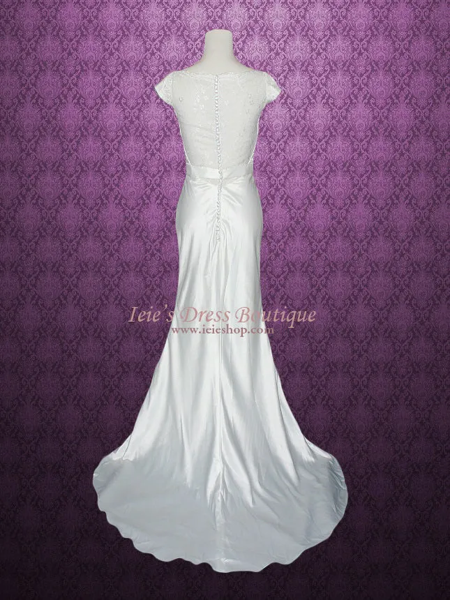 Cowl Neck Modest Transparent Lace Back Slim A-line Wedding Dress Size 4