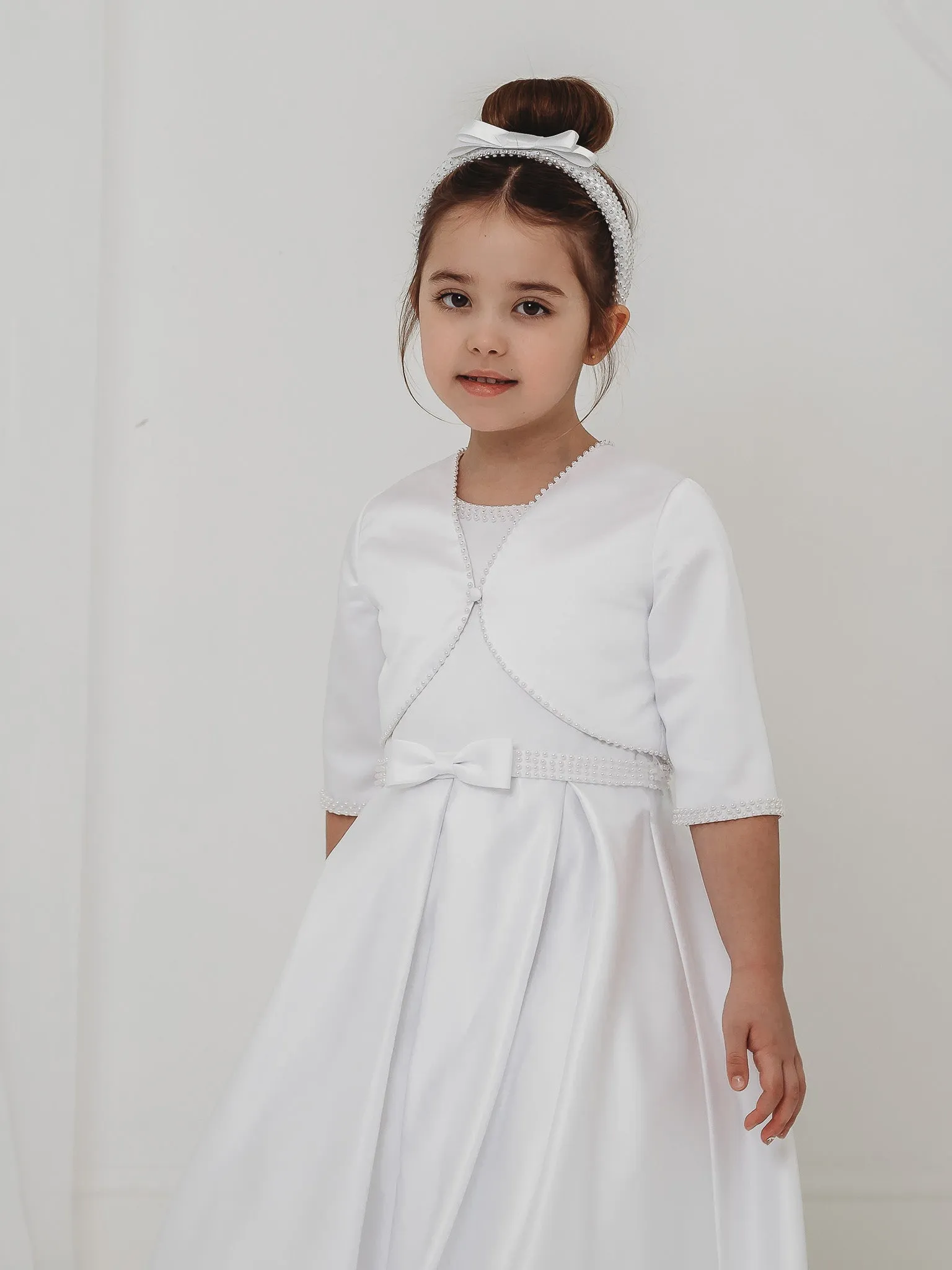 'Delphine' White Pearl Bolero Communion Dress