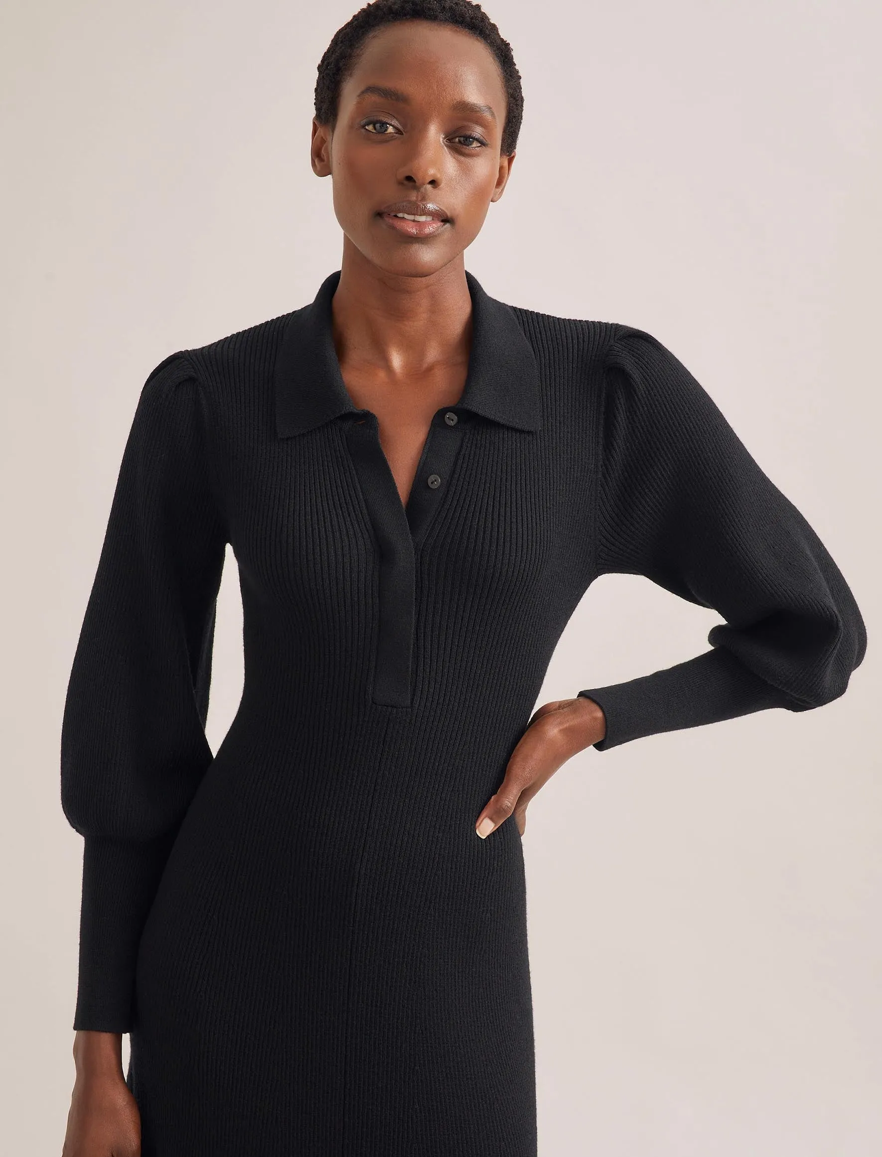 Eva Merino Wool Collared Knit Maxi Dress - Black