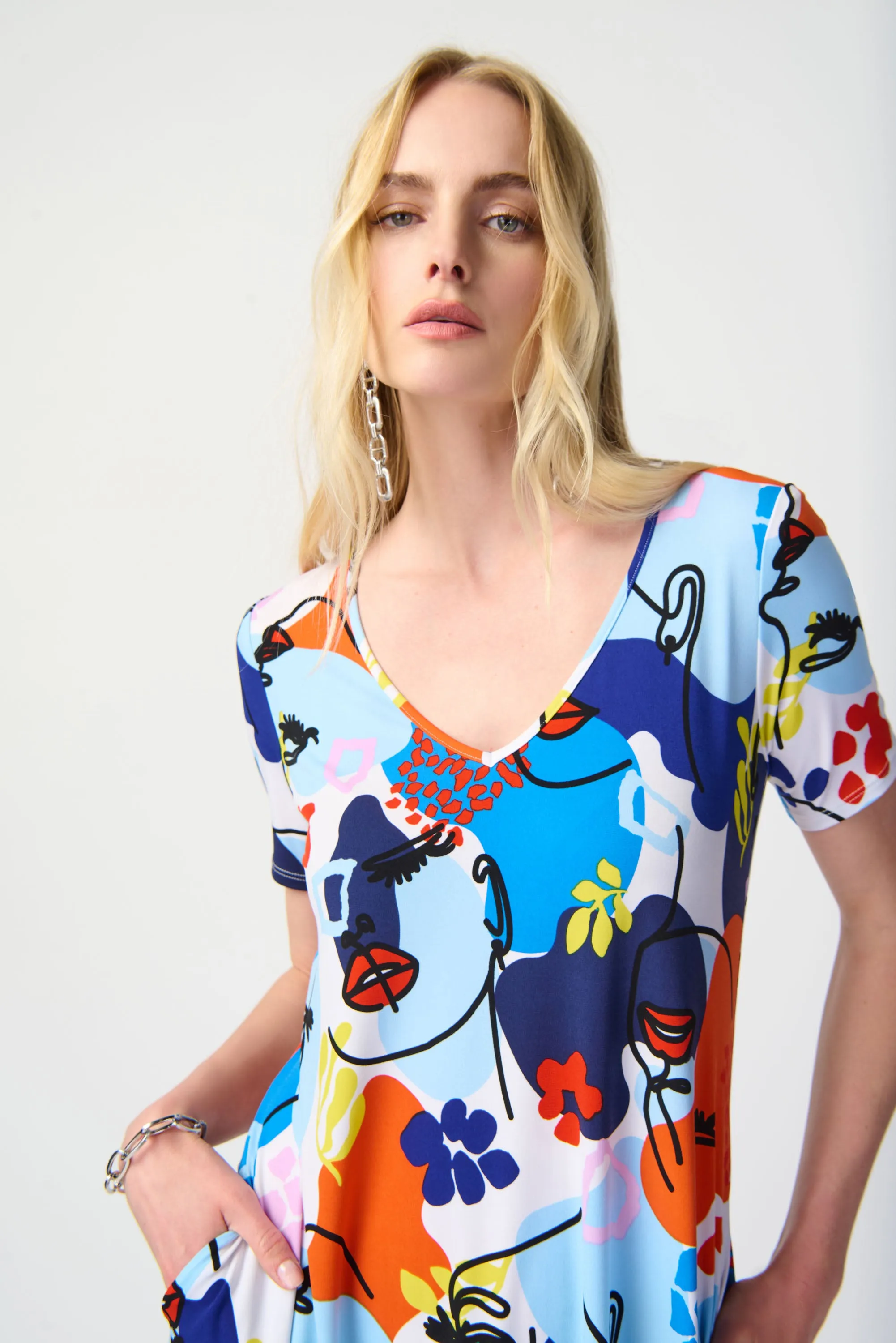 Face Print Silky Knit A-Line Dress