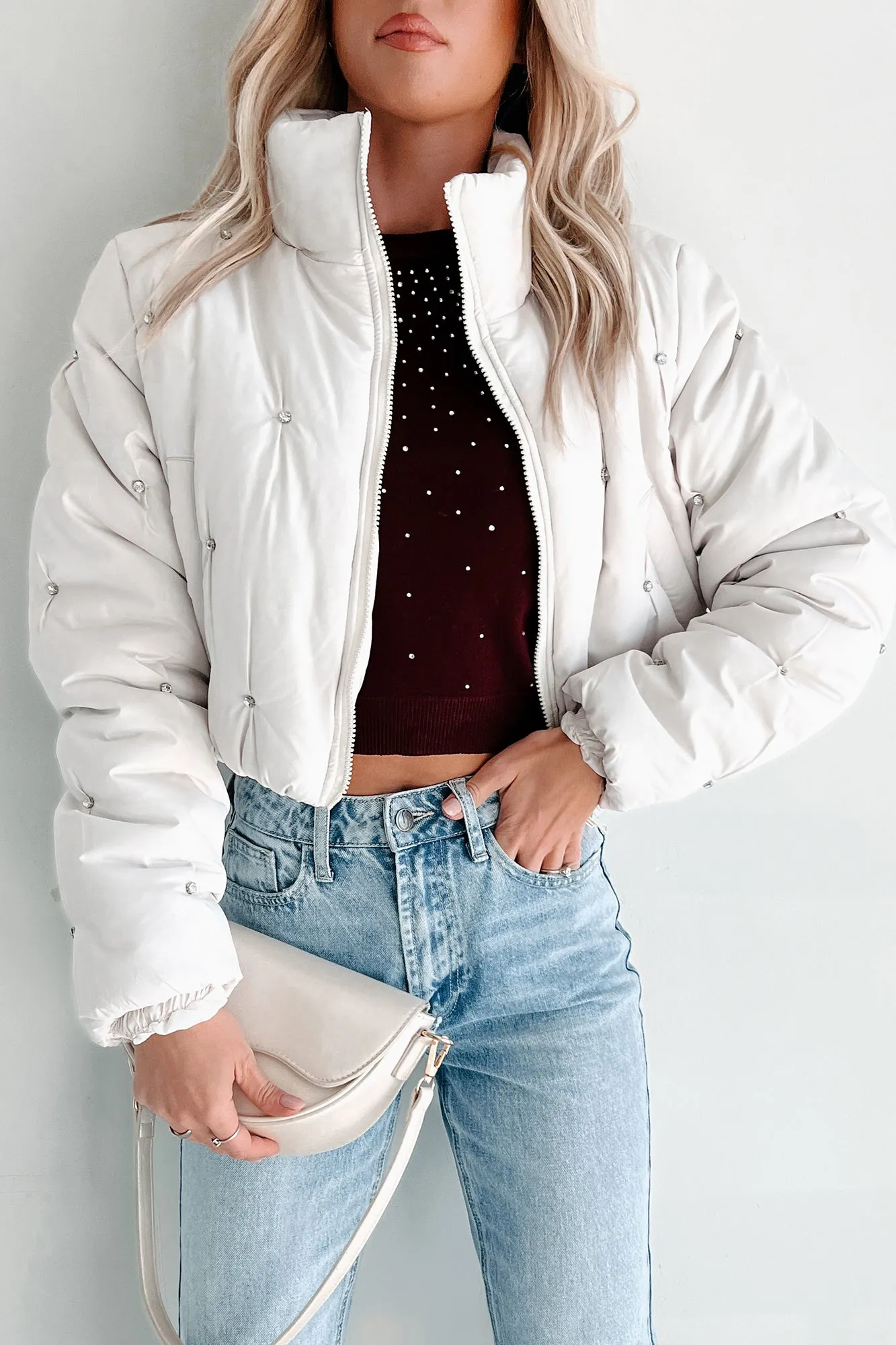 Frosted Femininity Rhinestone Puffer Jacket (Ivory)