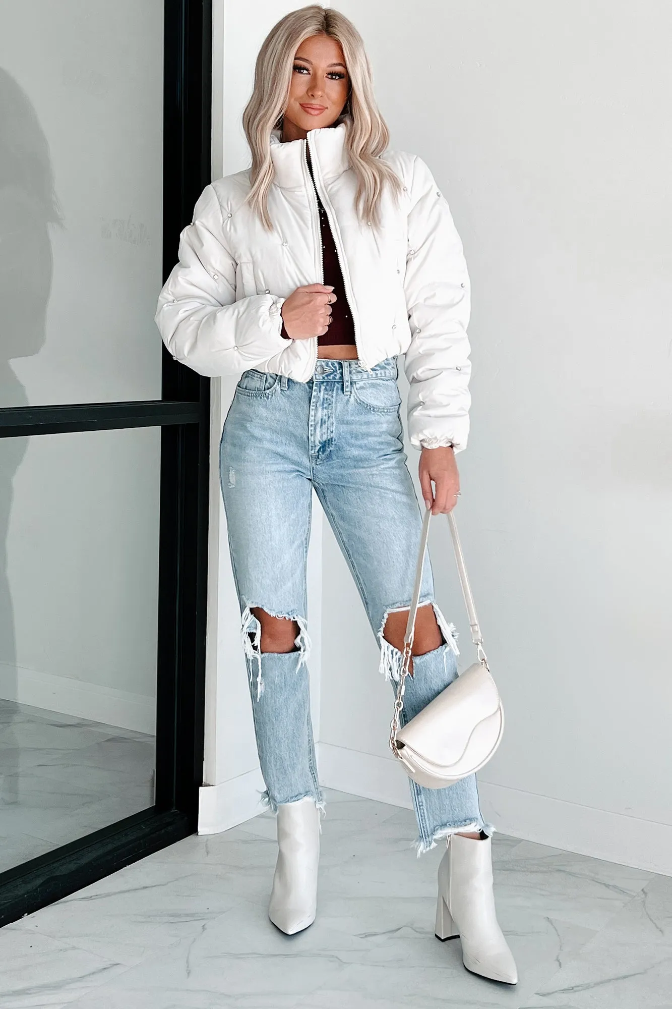 Frosted Femininity Rhinestone Puffer Jacket (Ivory)