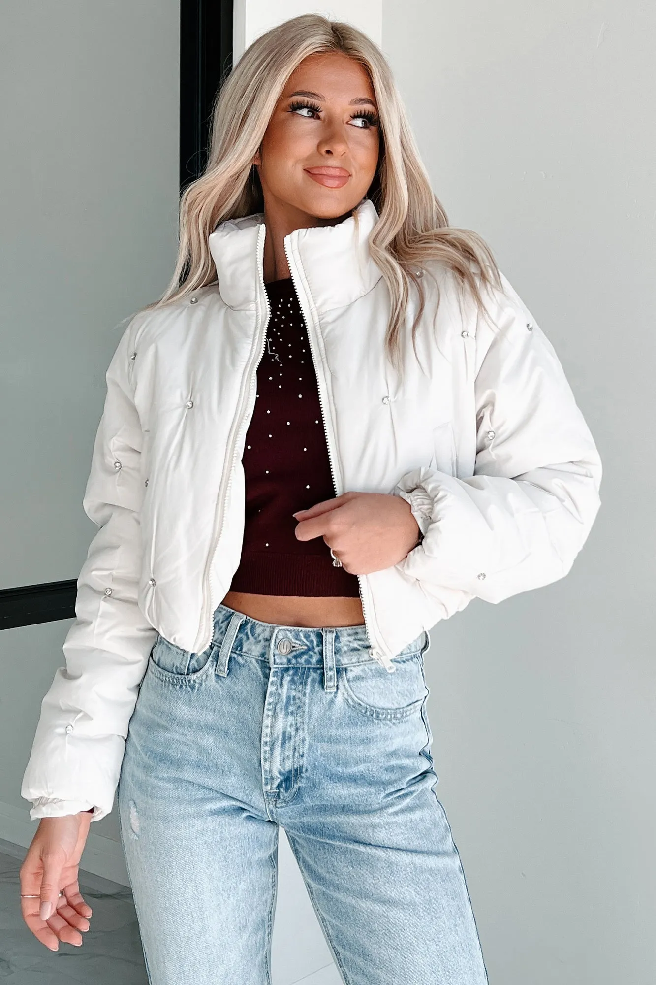 Frosted Femininity Rhinestone Puffer Jacket (Ivory)