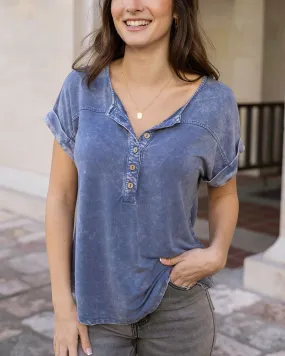Henley Mineral Washed Tee in Washed Navy - FINAL SALE