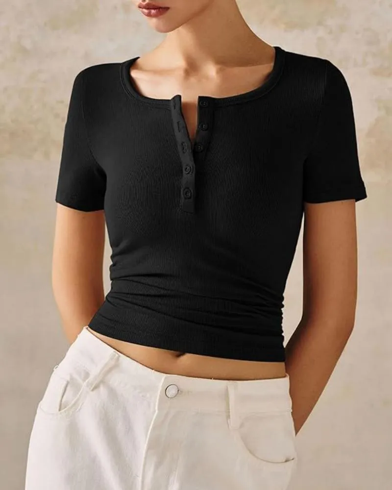 Henley V Neck Short Sleeve Tops Casual Button Up Ribbed Knit T Shirt