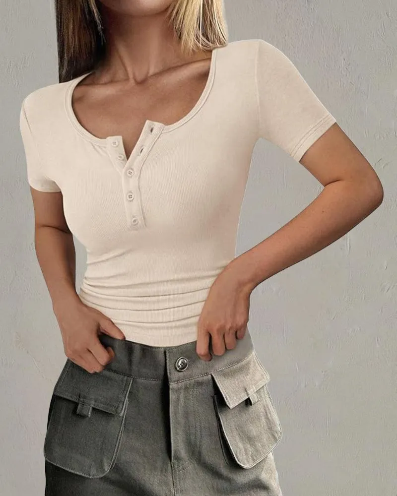 Henley V Neck Short Sleeve Tops Casual Button Up Ribbed Knit T Shirt