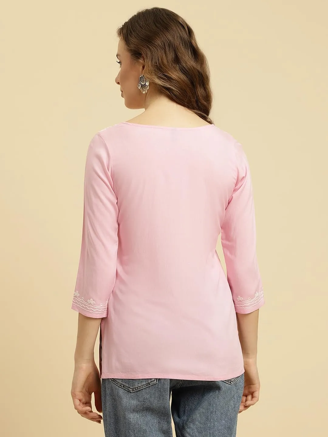 Kashmiri Embriodered Short Kurti Light Pink