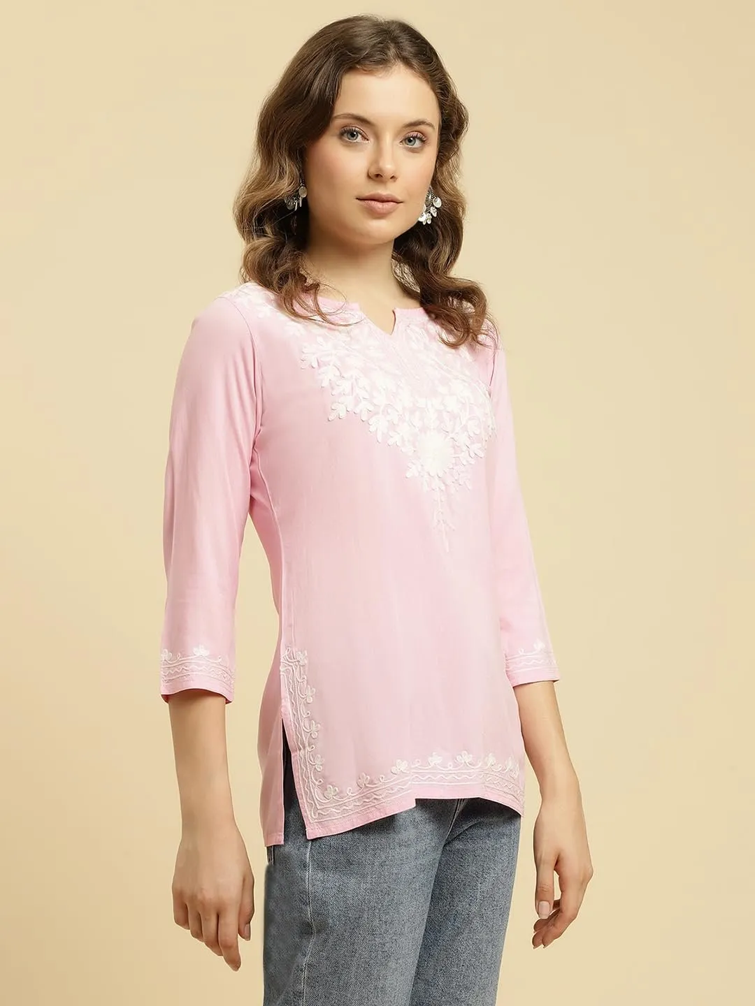 Kashmiri Embriodered Short Kurti Light Pink