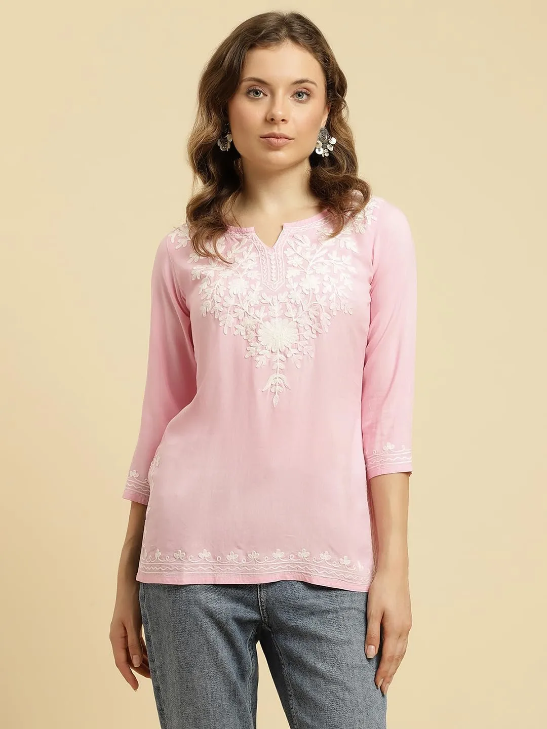 Kashmiri Embriodered Short Kurti Light Pink
