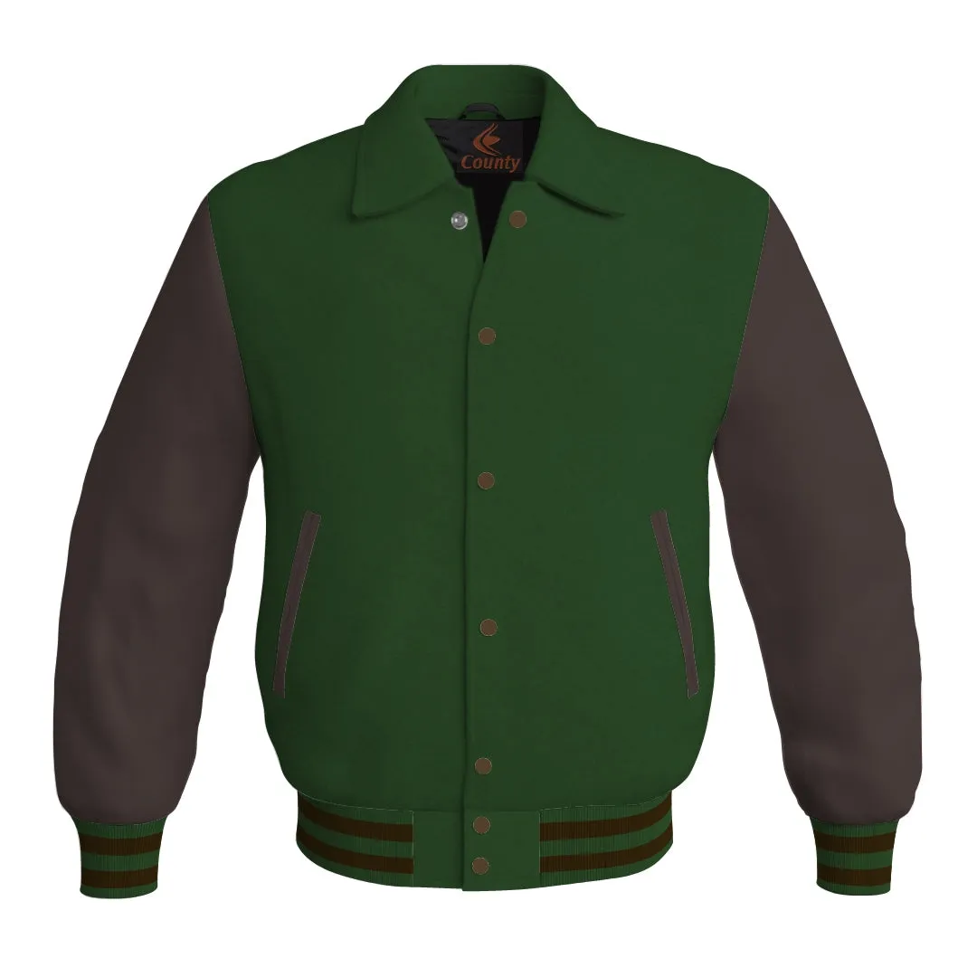 Letterman Varsity Classic Jacket Forest Green Body and Brown Leather Sleeves