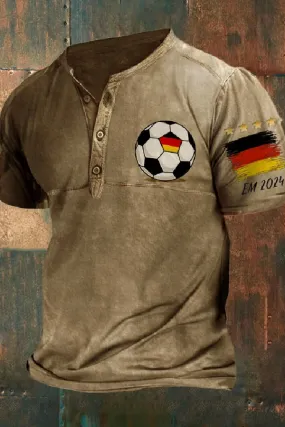 Men's 2024 European Cup Germany Retro Print Henley Neck T-Shirt