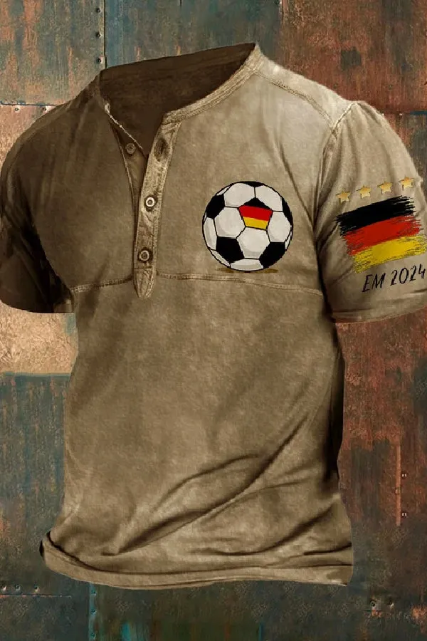 Men's 2024 European Cup Germany Retro Print Henley Neck T-Shirt