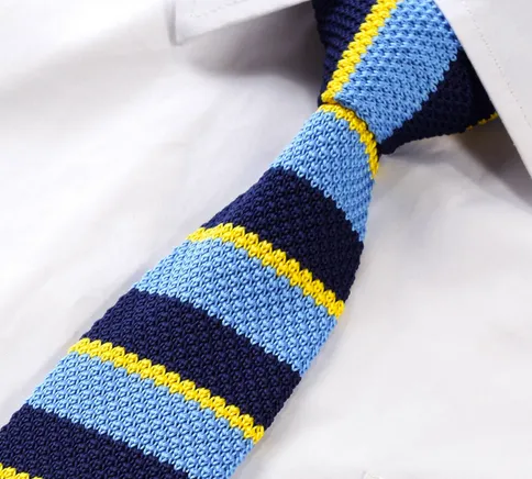 Navy, Sky Blue & Yellow Striped Knit Necktie