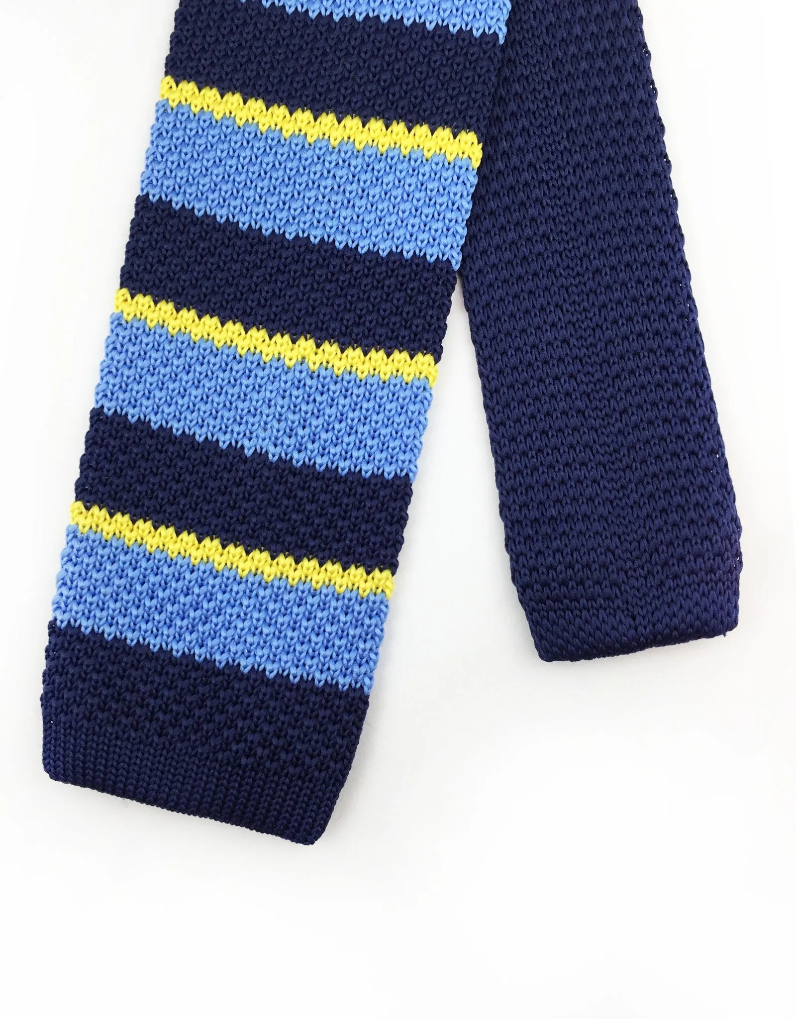 Navy, Sky Blue & Yellow Striped Knit Necktie