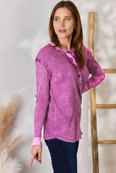 Plum Half Button Exposed Seam Waffle Top