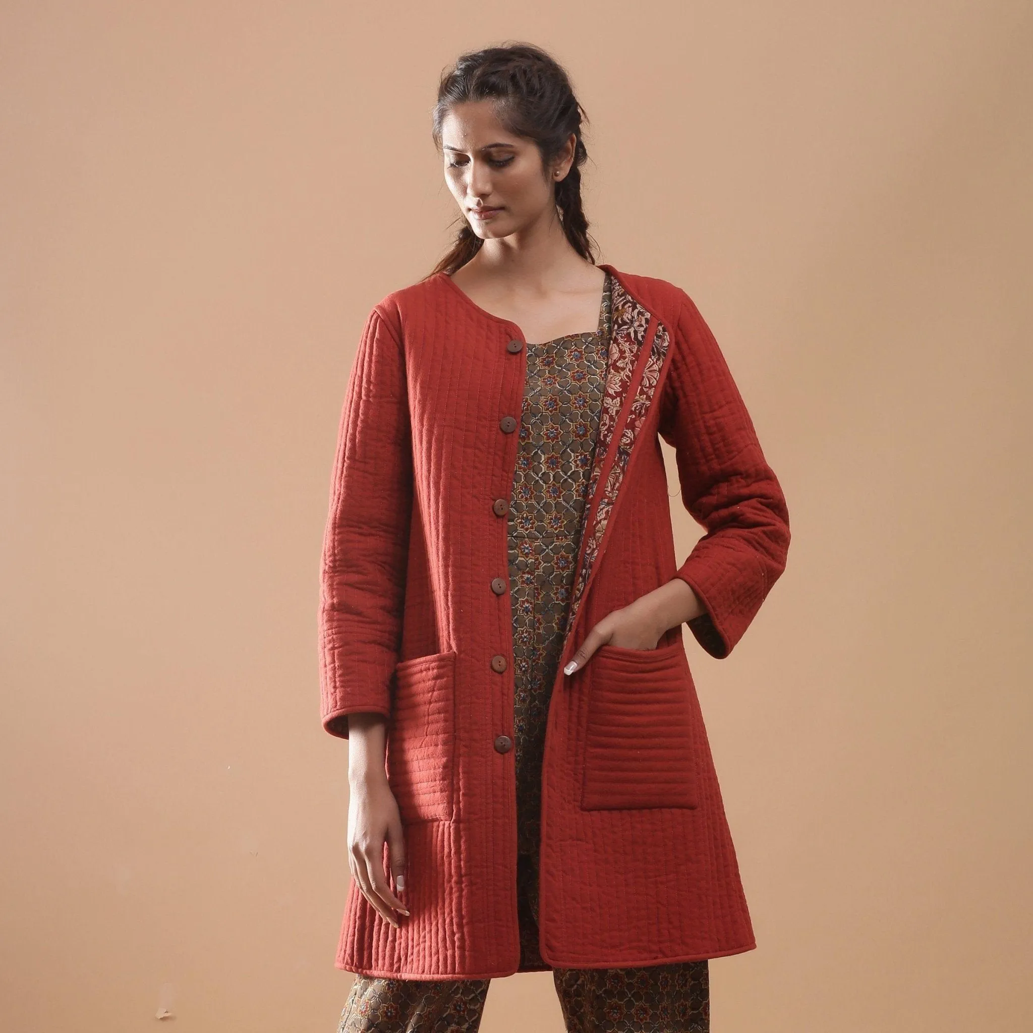 Reversible Warm Cotton Quilted Block Print Knee Length Jacket