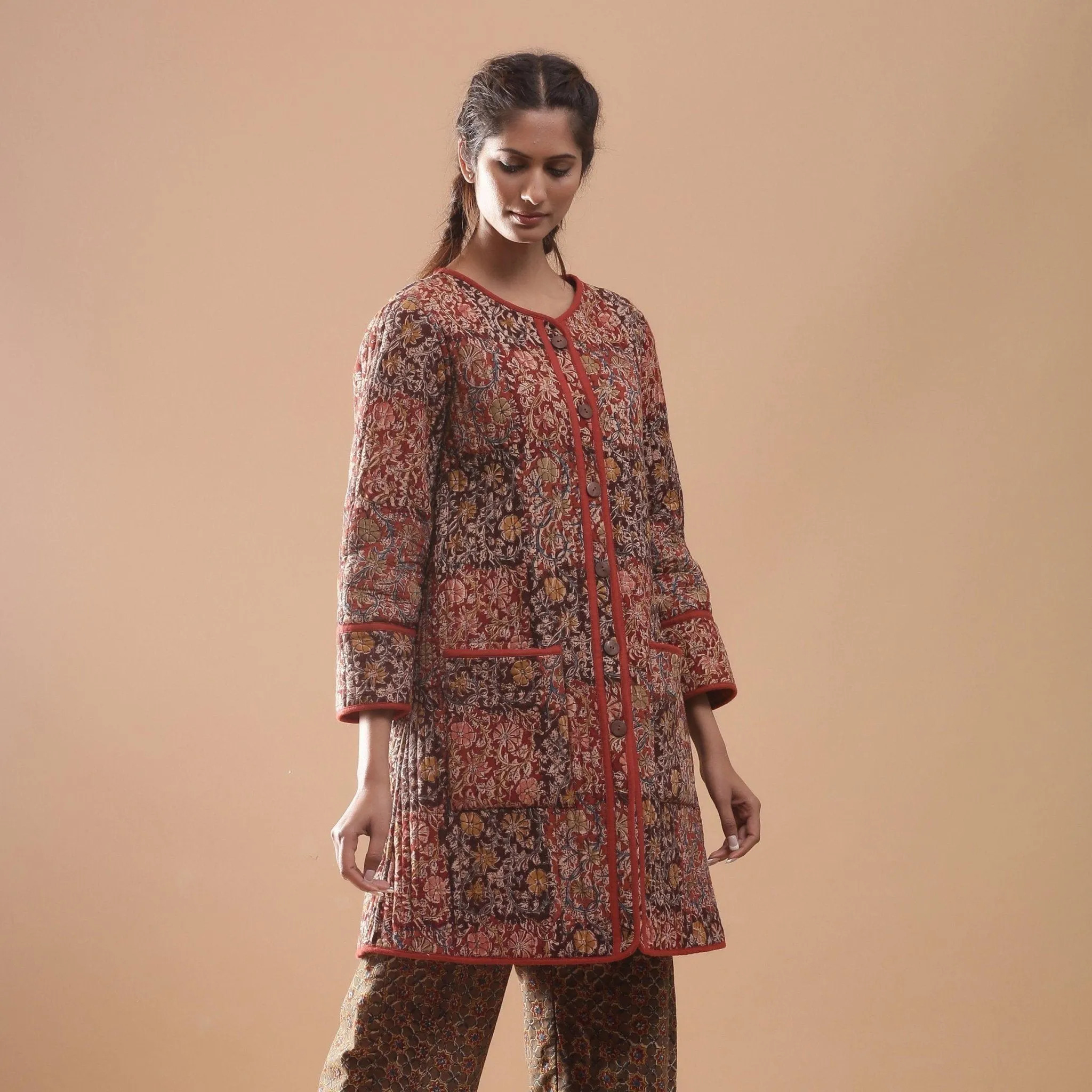Reversible Warm Cotton Quilted Block Print Knee Length Jacket