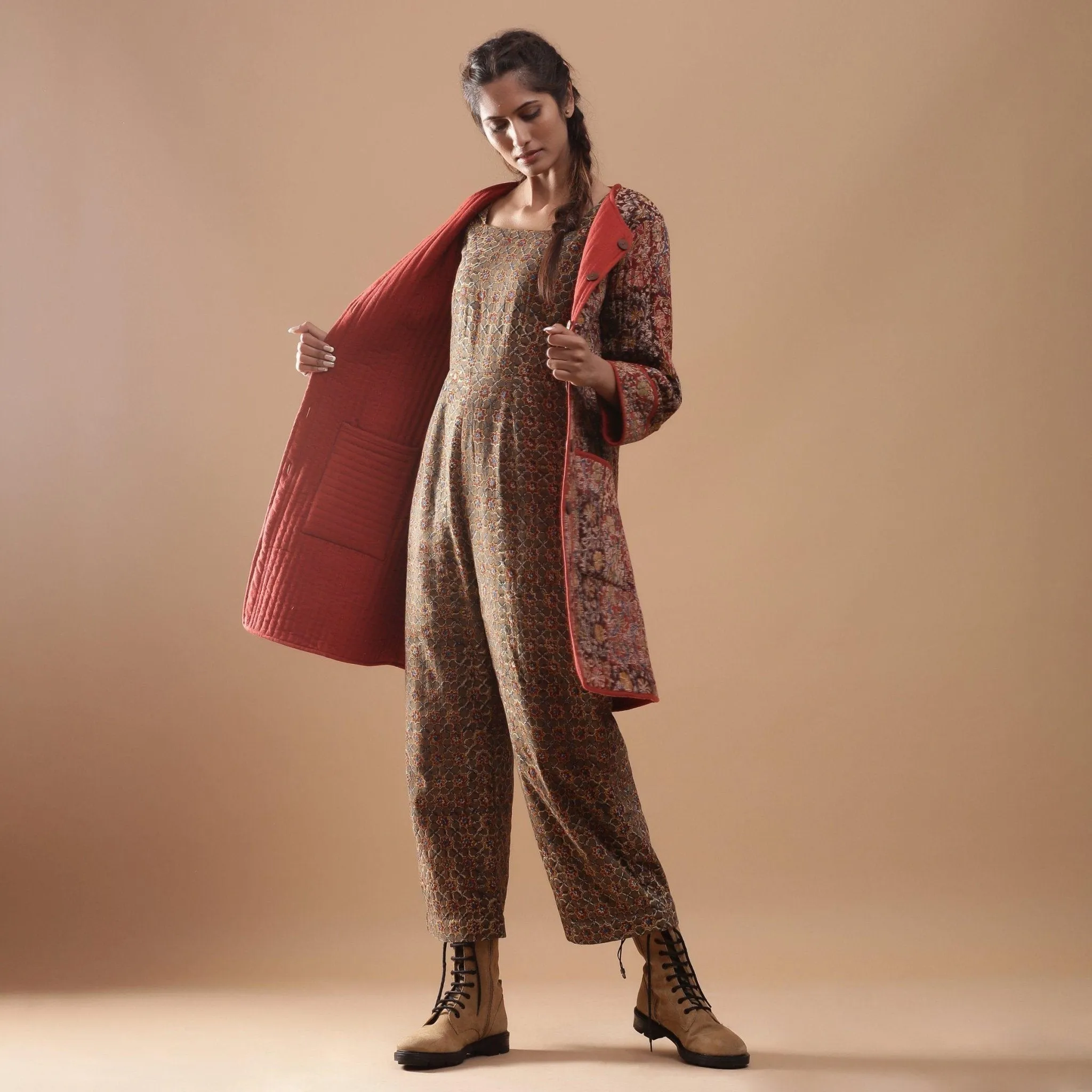 Reversible Warm Cotton Quilted Block Print Knee Length Jacket