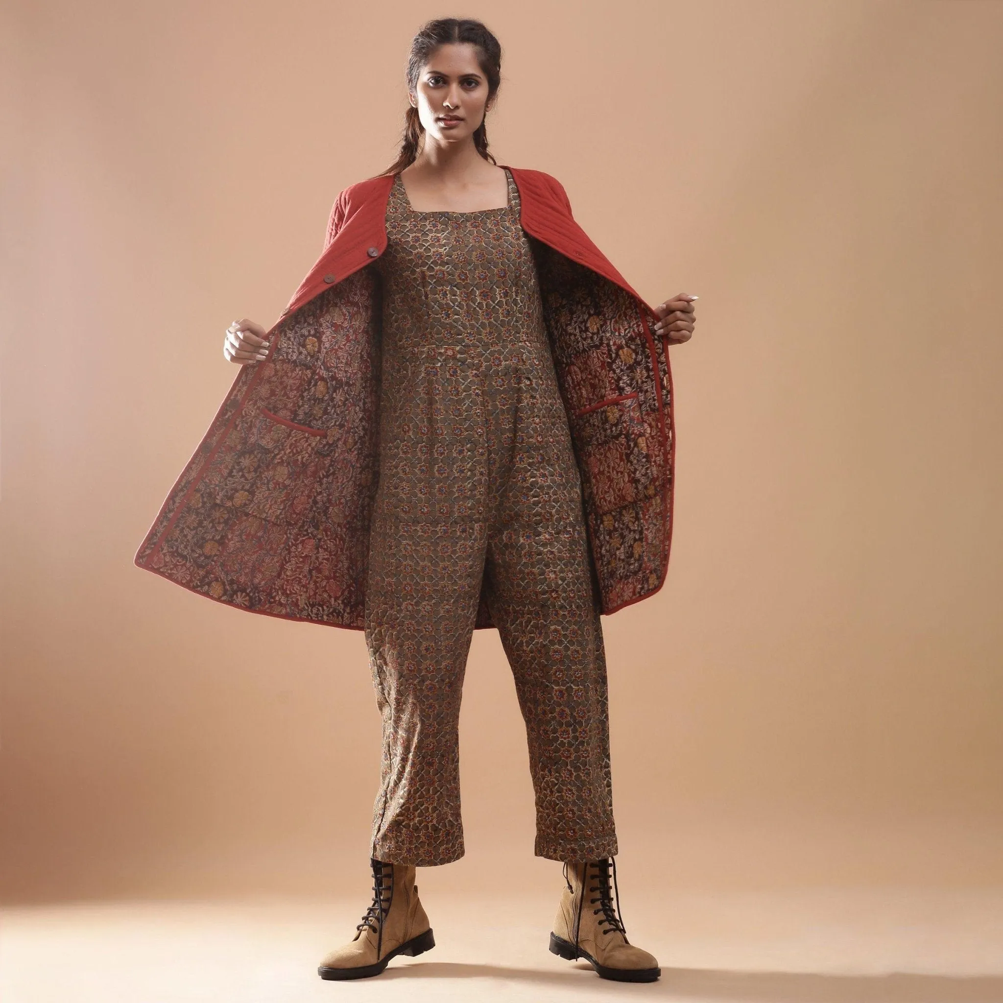 Reversible Warm Cotton Quilted Block Print Knee Length Jacket