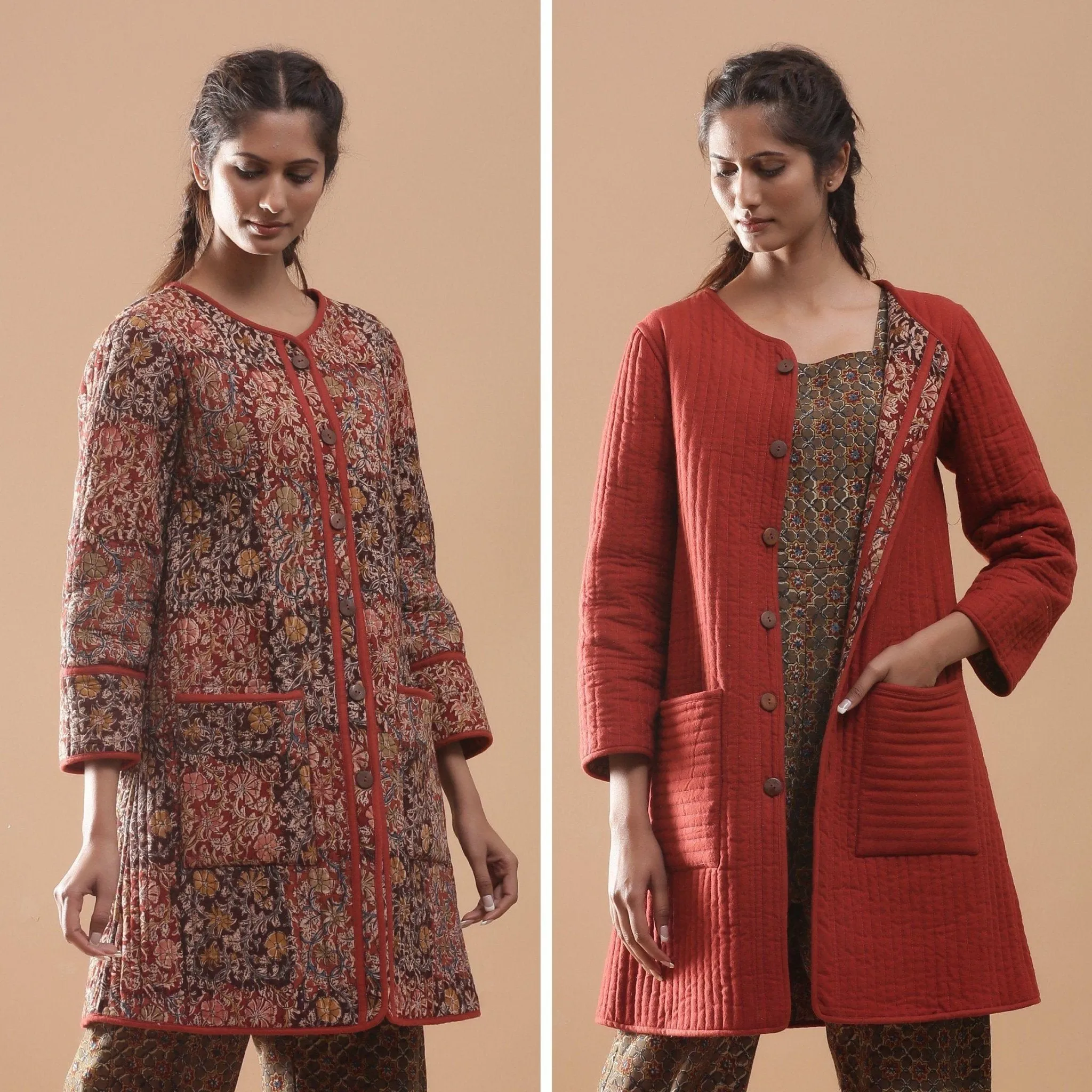 Reversible Warm Cotton Quilted Block Print Knee Length Jacket