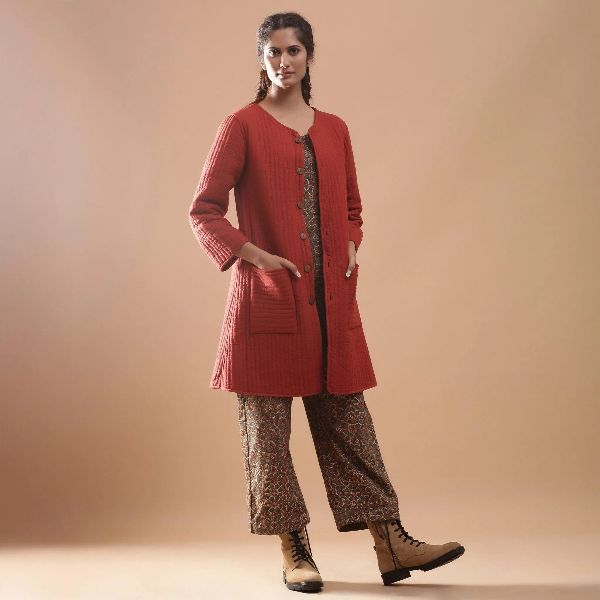 Reversible Warm Cotton Quilted Block Print Knee Length Jacket