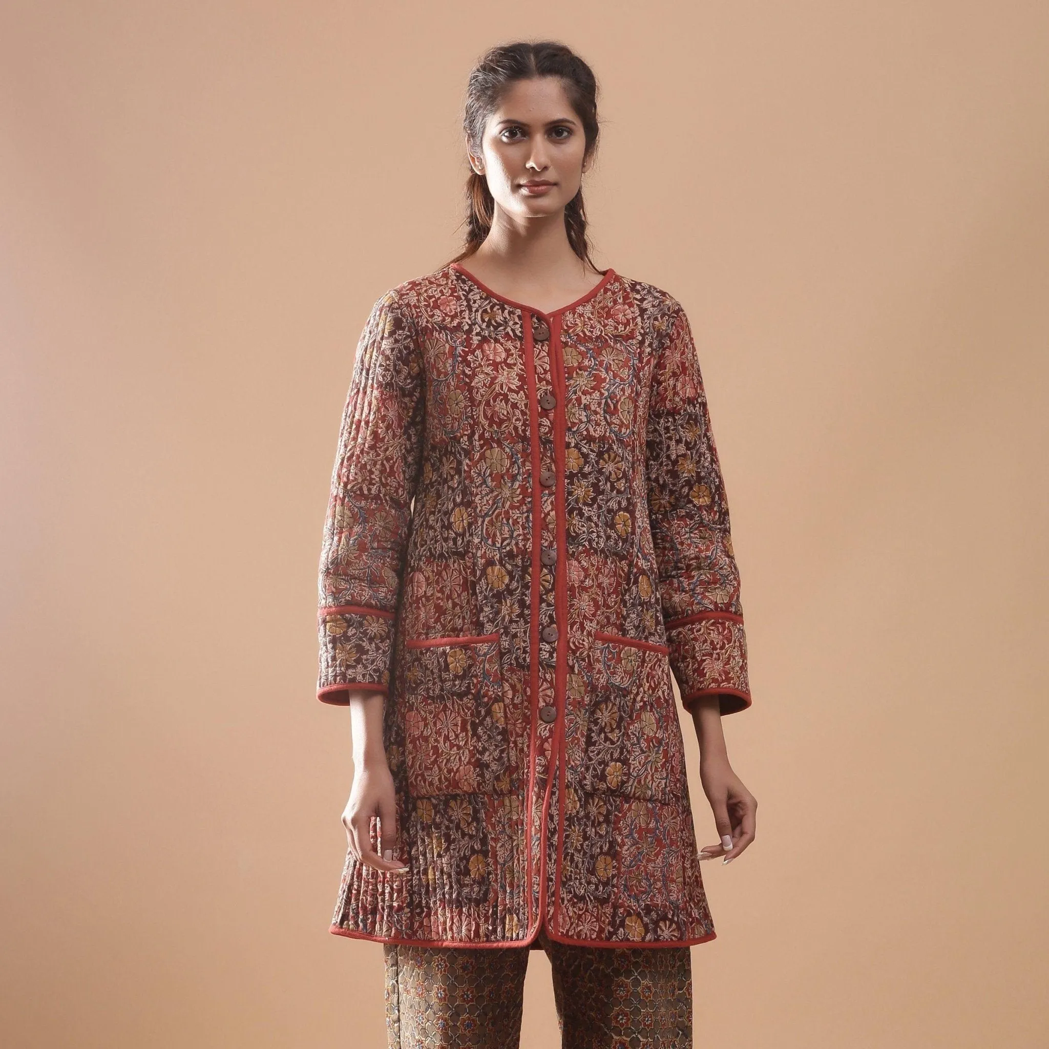 Reversible Warm Cotton Quilted Block Print Knee Length Jacket