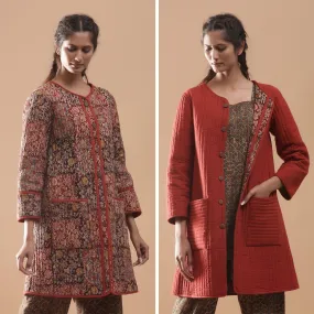 Reversible Warm Cotton Quilted Block Print Knee Length Jacket