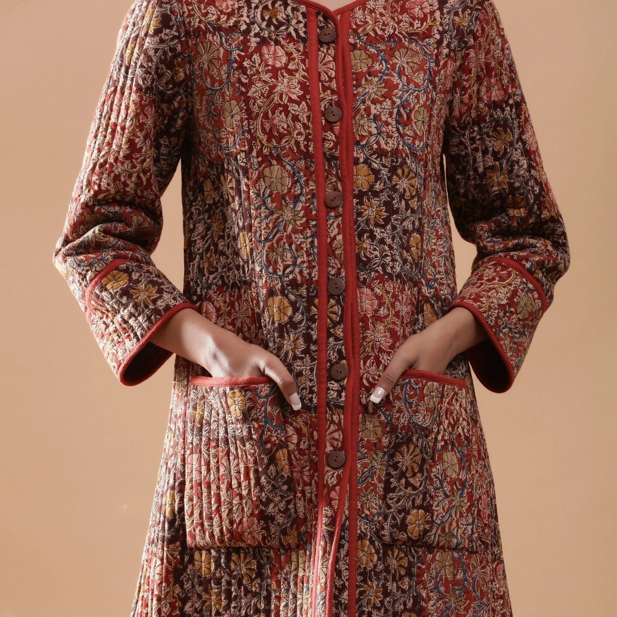 Reversible Warm Cotton Quilted Block Print Knee Length Jacket