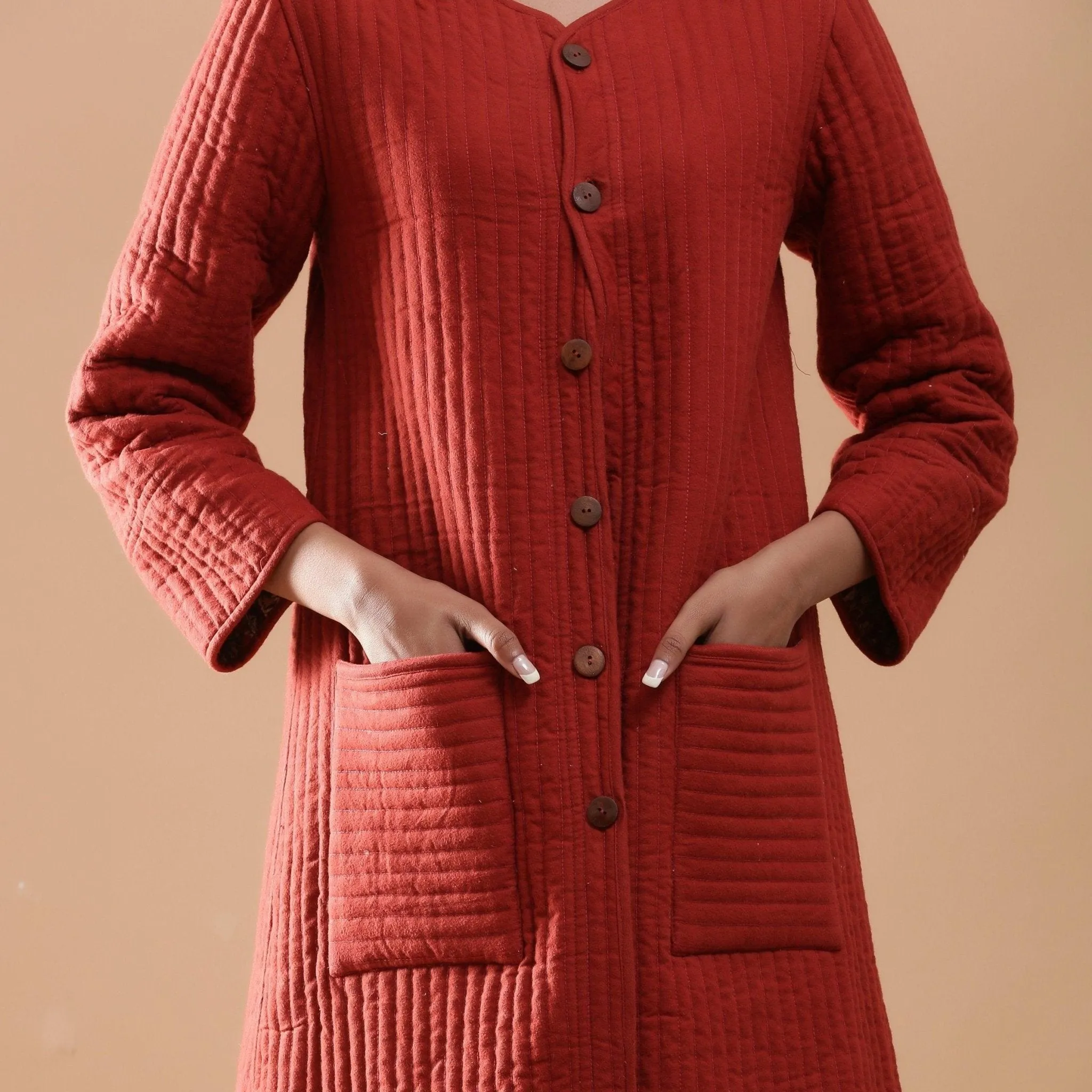 Reversible Warm Cotton Quilted Block Print Knee Length Jacket